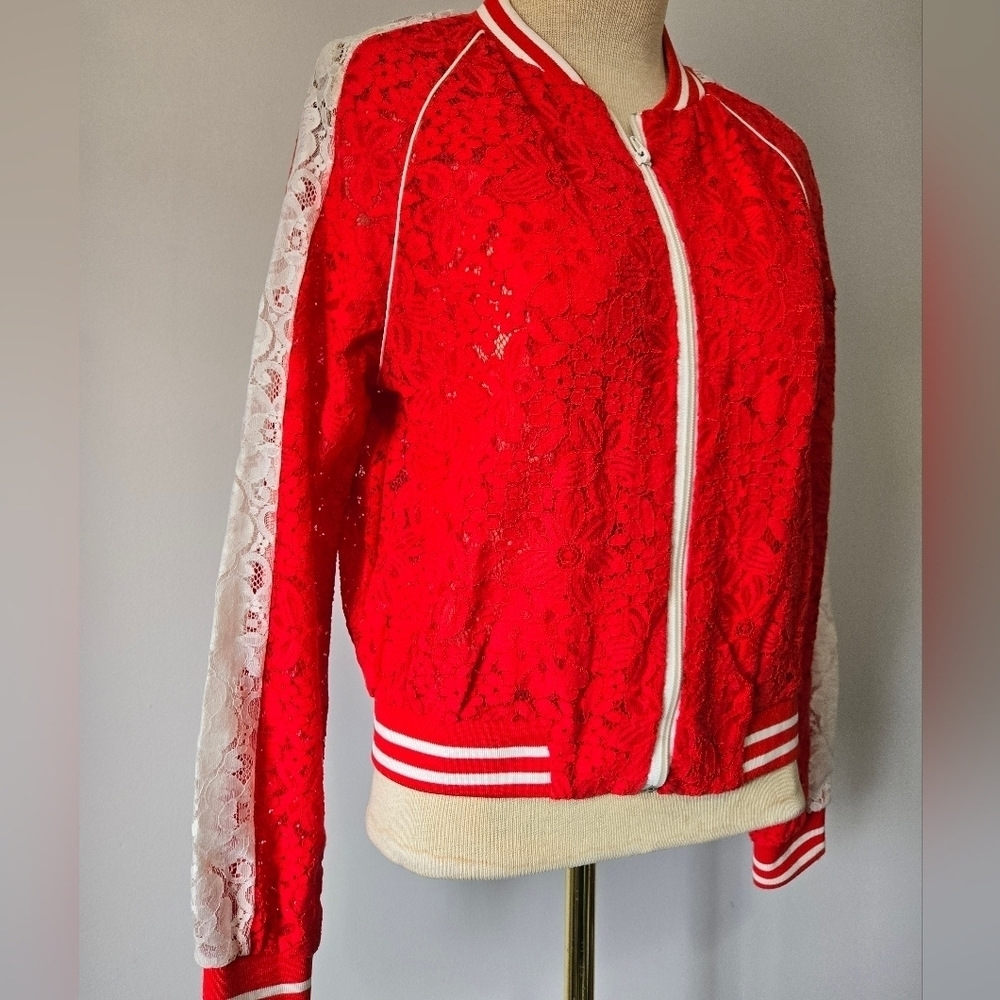 Lili Sidonio × Molly Bracken Red Lace Women's Bomber Jacket. Size Small - Picture 2 of 12